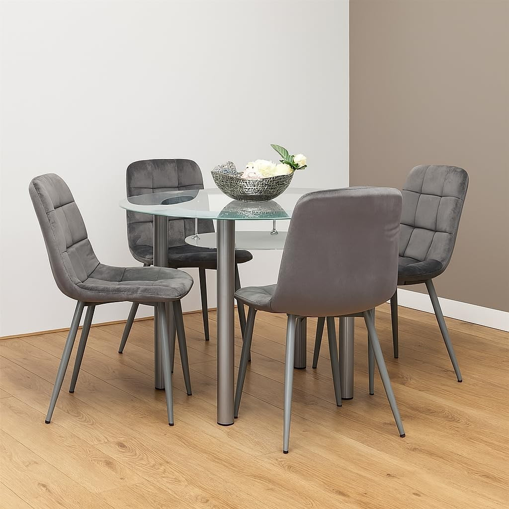 Round Glass Dining Table Set Grey Velvet Chairs | Modern Kitchen Storage