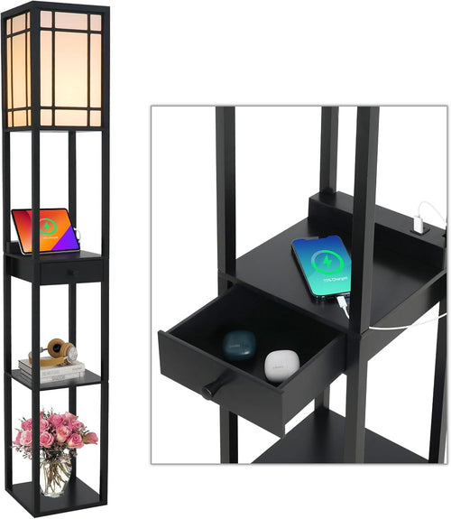 Floor Lamp with Shelves USB Charging Storage Drawer Modern Standing Light