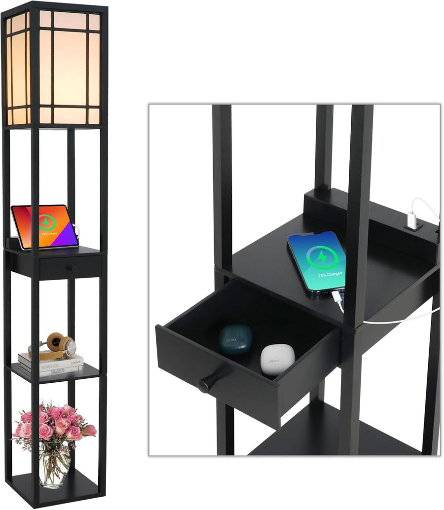 Floor Lamp with Shelves USB Charging Storage Drawer Modern Standing Light