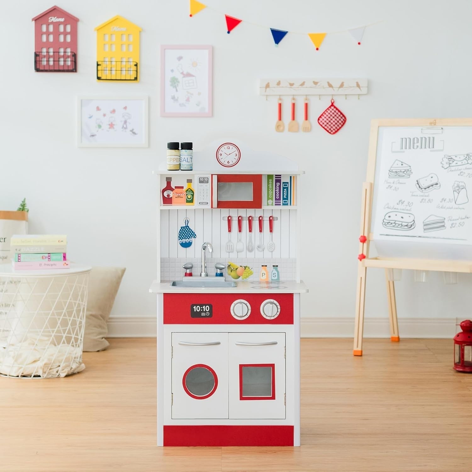 Compact Wooden Kids Play Kitchen Sink Oven Microwave White Red