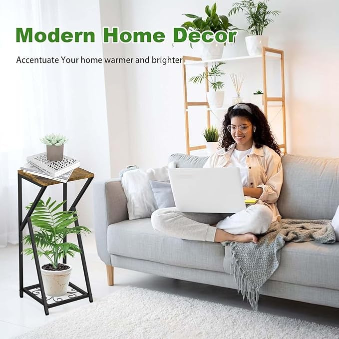 2 Tier Metal Wood Plant Stand Indoor Outdoor Corner Tall Flower Display Rack