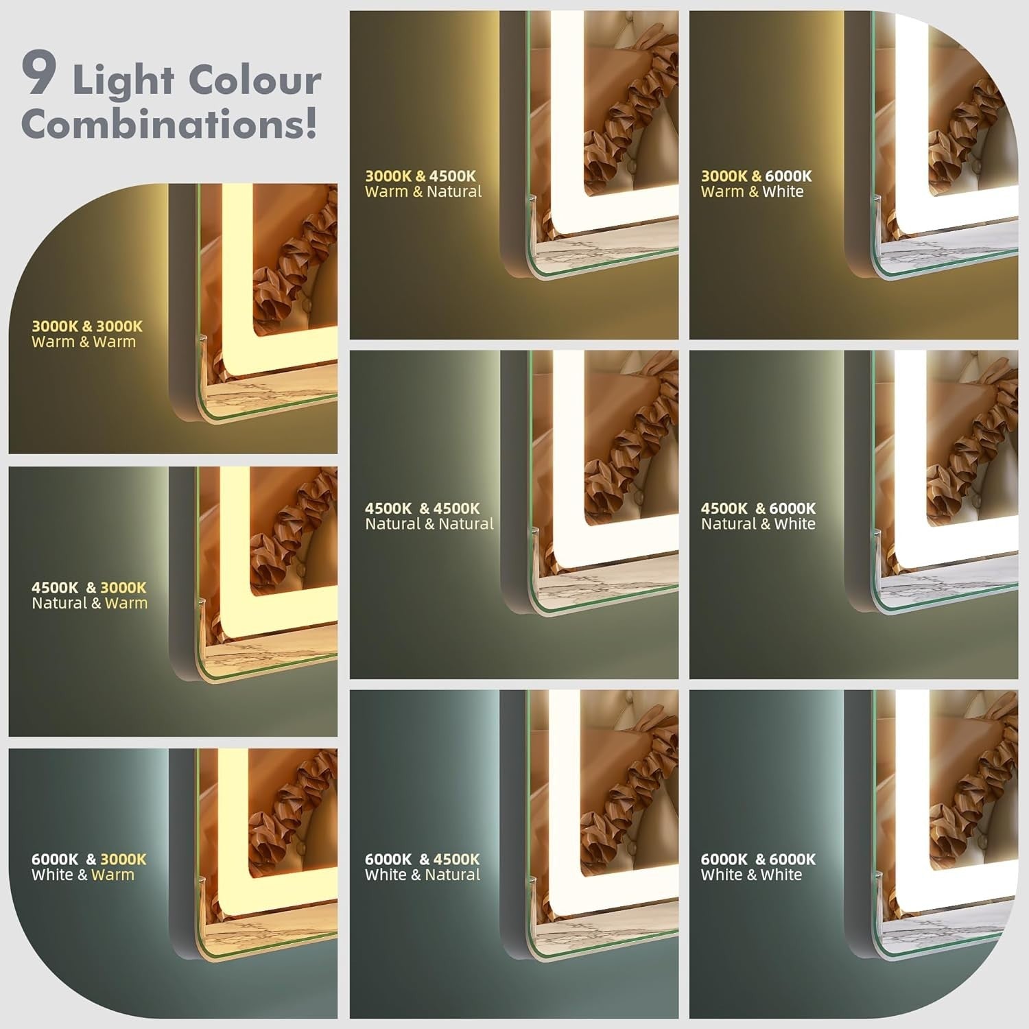 LED Bathroom Mirror 60x80 cm Silver Frame, Dual Light, Anti-Fog, Dimmable