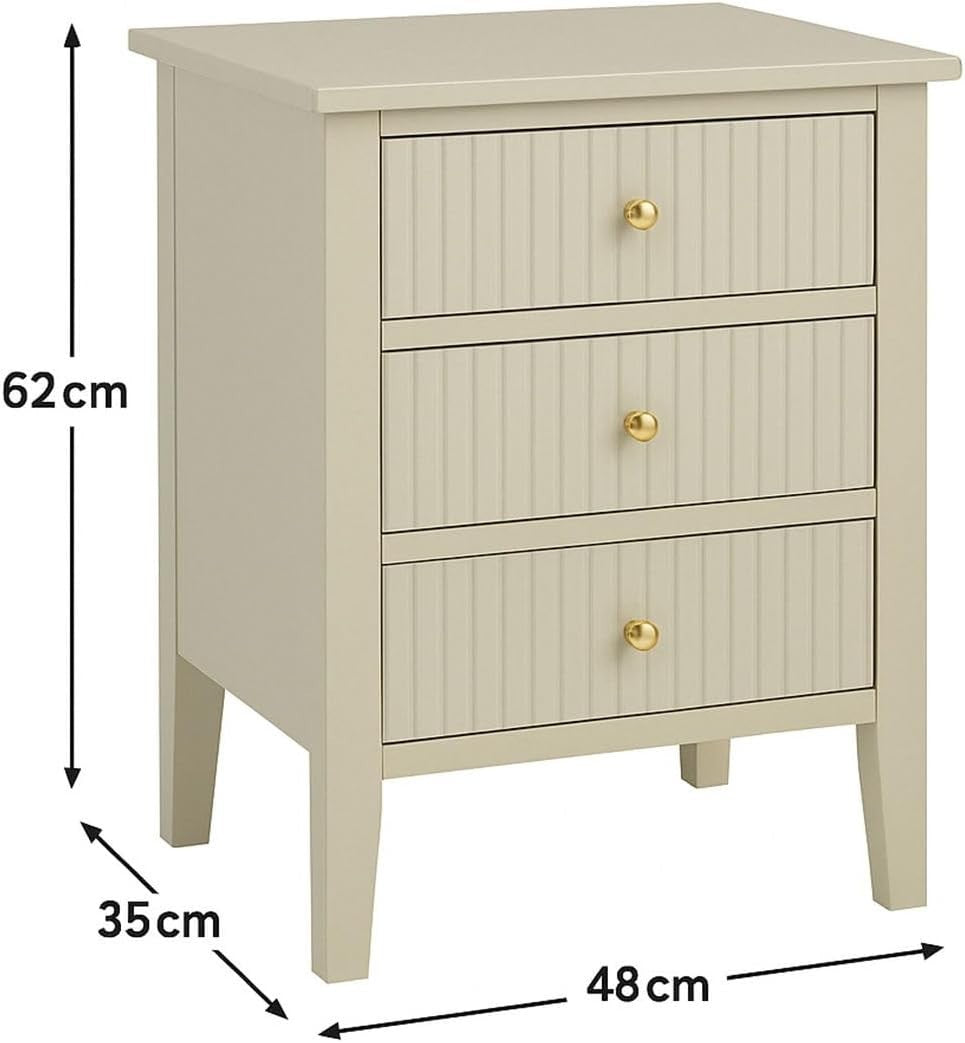 3 Drawer Taupe Bedside Table with Gold Knobs – Modern Bedroom Storage