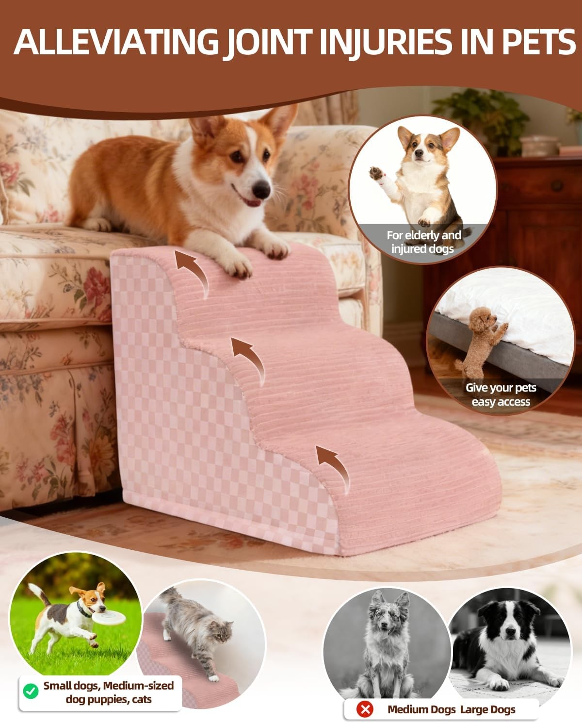 Dog Stairs for Couch 39cm High 3-Step Pet Stairs Small Dogs Non-Slip Pink