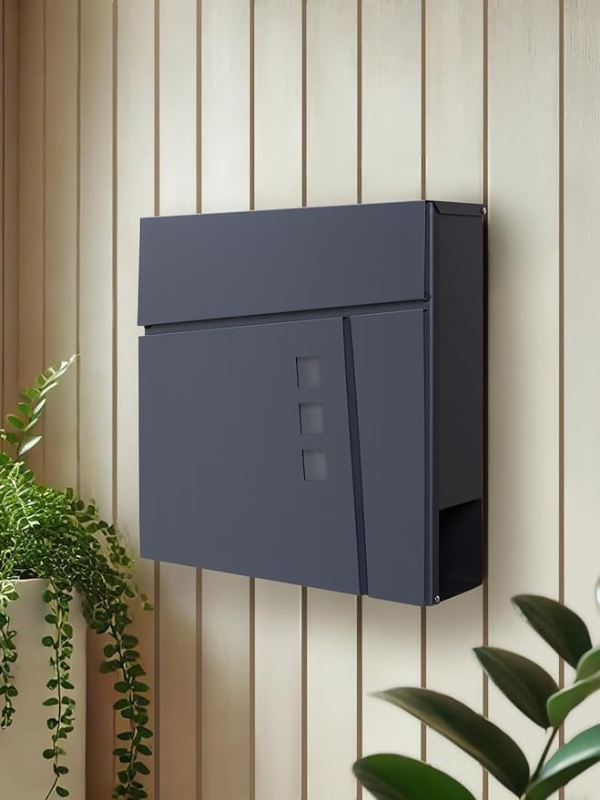 Lockable Wall Mounted Post Box Grey – Weatherproof Steel, Newspaper Slot