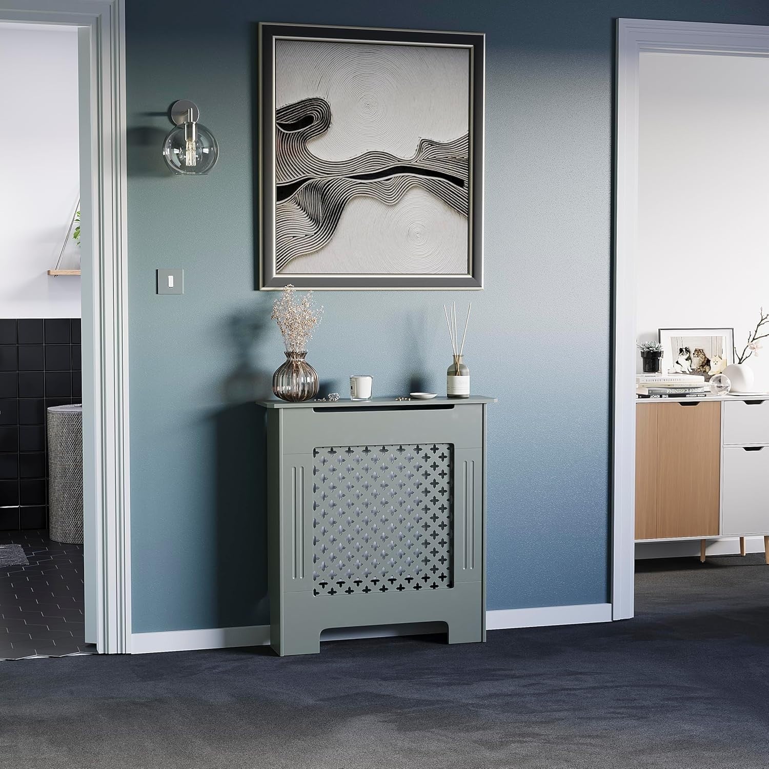 Small Olive Grey Radiator Cover 82x78x19cm Cross Pattern MDF Heating Cabinet