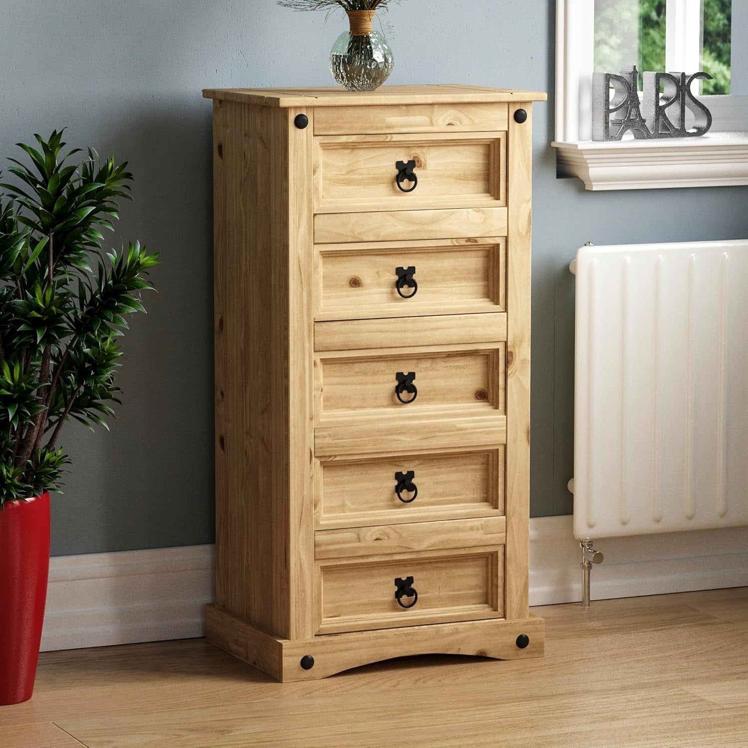 Pine 5-Drawer Narrow Chest Solid Wood Storage Cabinet Rustic Bedroom