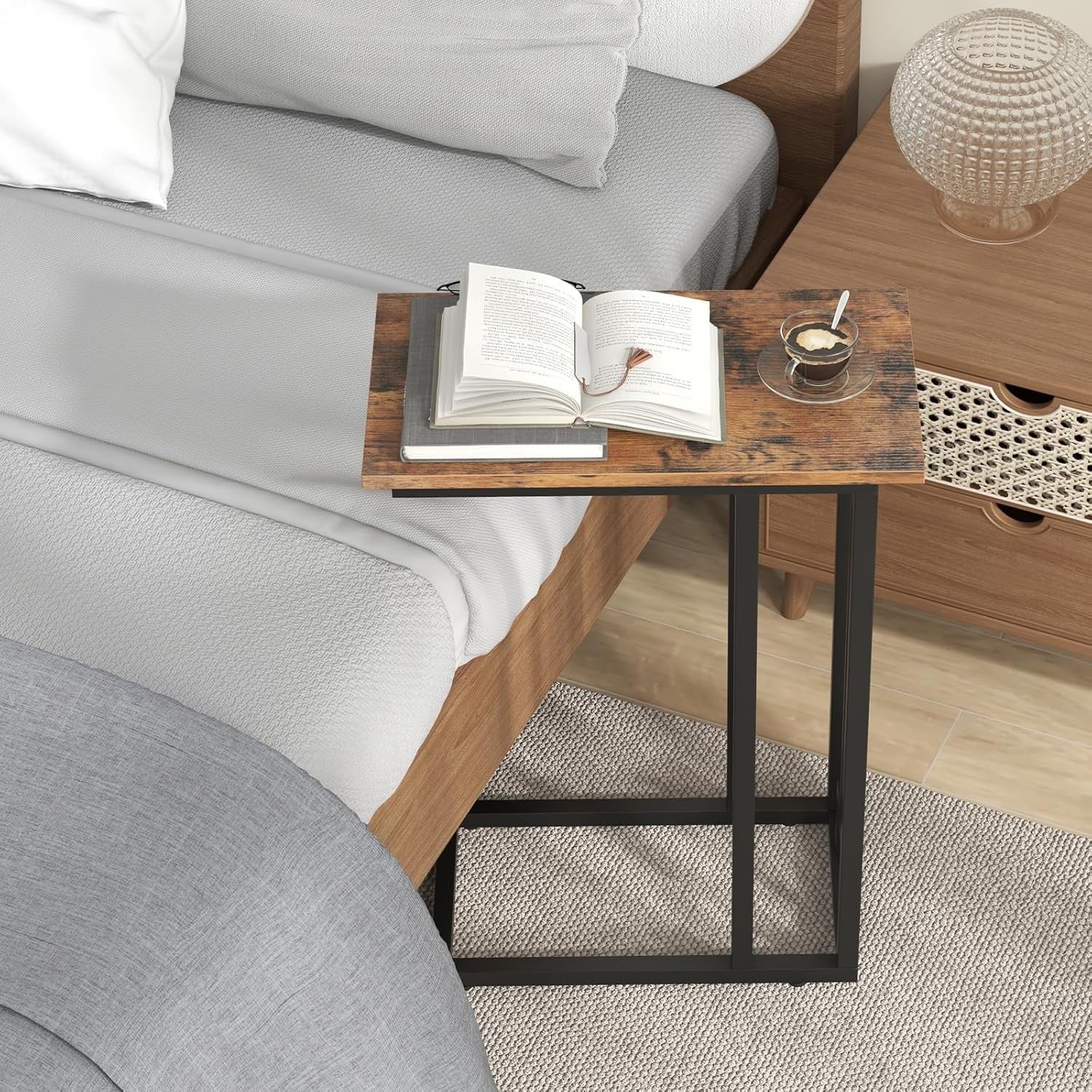 Slim Industrial C-Shaped Side Table with Storage Shelf for Sofa Bed Laptop