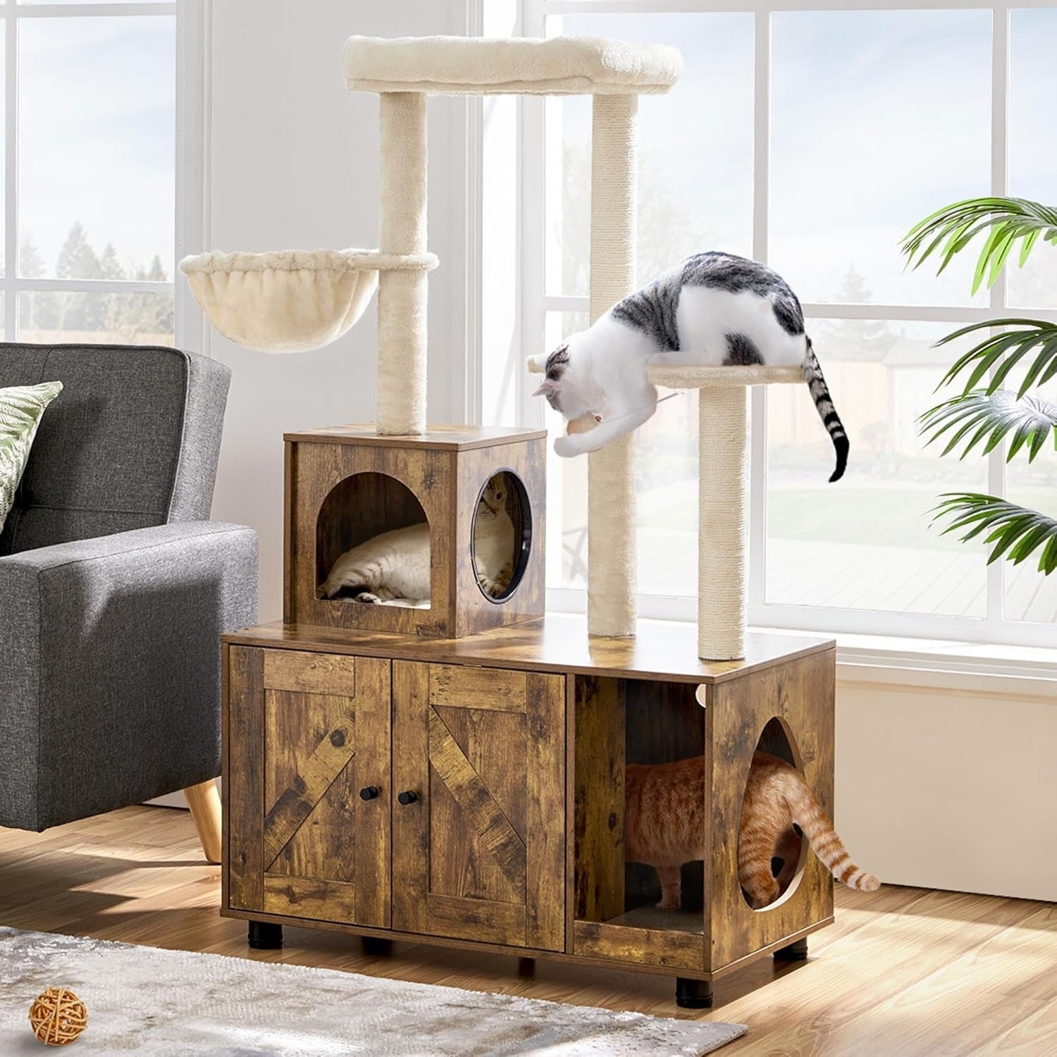 Rustic Cat Tree with Litter Box Enclosure Wooden Condo Tower Beige Brown