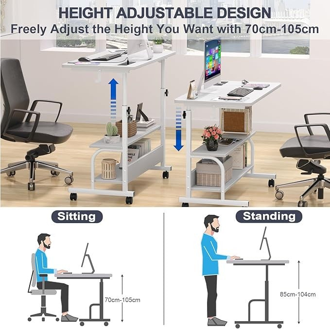 Portable Desk on Wheels Height Adjustable Standing Desk with Power USB White