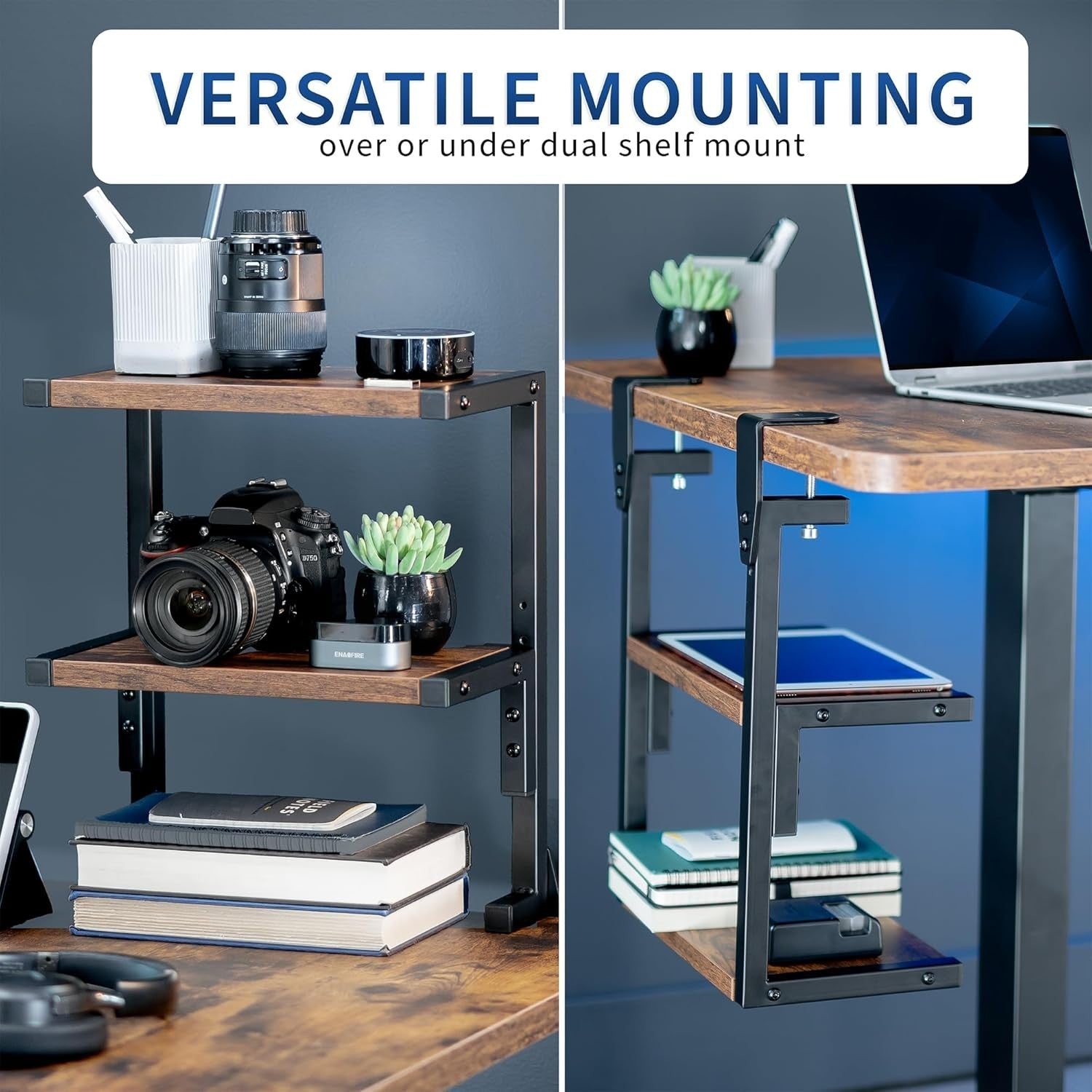 Clamp-On Desk Shelf 2-Tier Rustic Brown 13" Above/Below Mount Storage Organizer