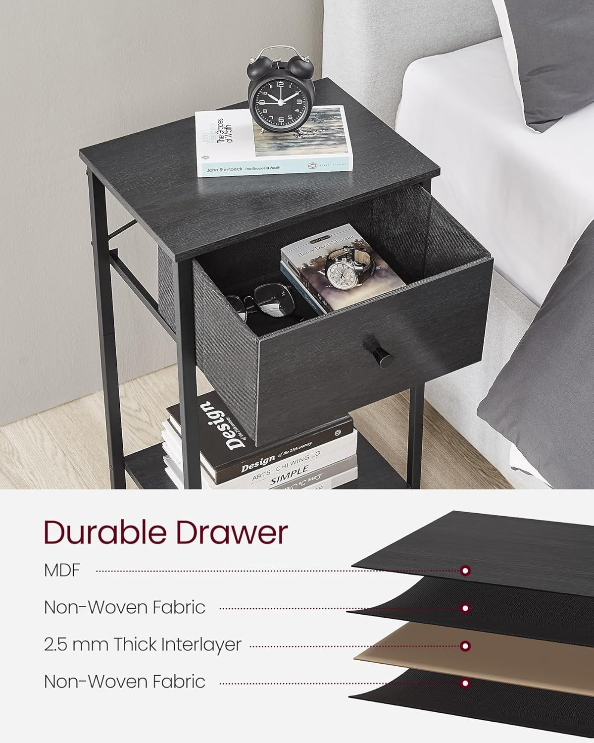 Tall Bedside Table with Drawer & Shelf, Modern 24-Inch Nightstand in Black