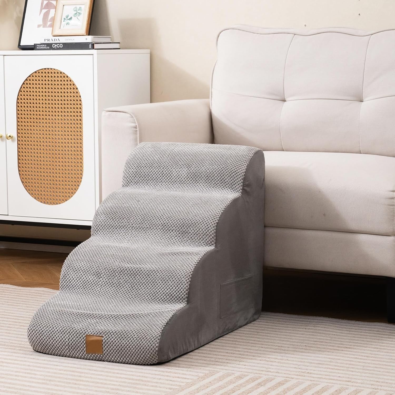 4 Tier Dog Stairs Non Slip Foam Pet Steps Removable Cover Grey