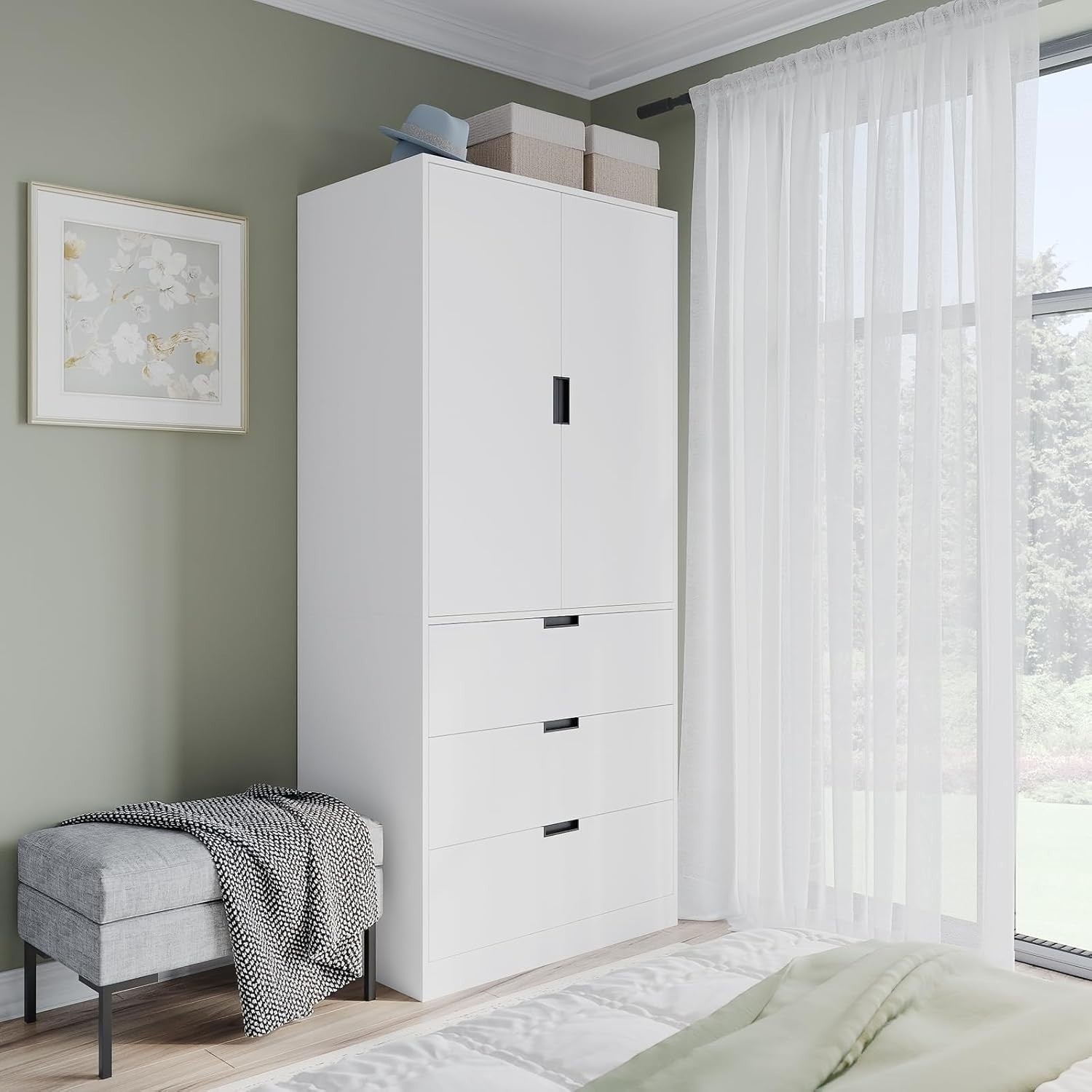 White 2 Door Wardrobe with Drawers | Tall Bedroom Storage Cabinet Unit