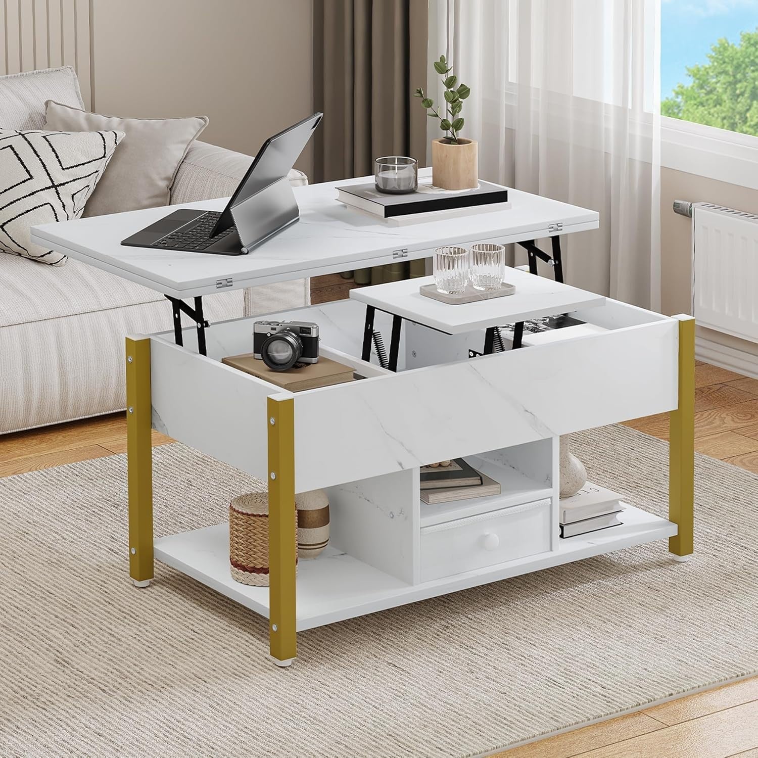 4in1 Lift Top Coffee Table with Storage Drawers Dining Table Convertible White