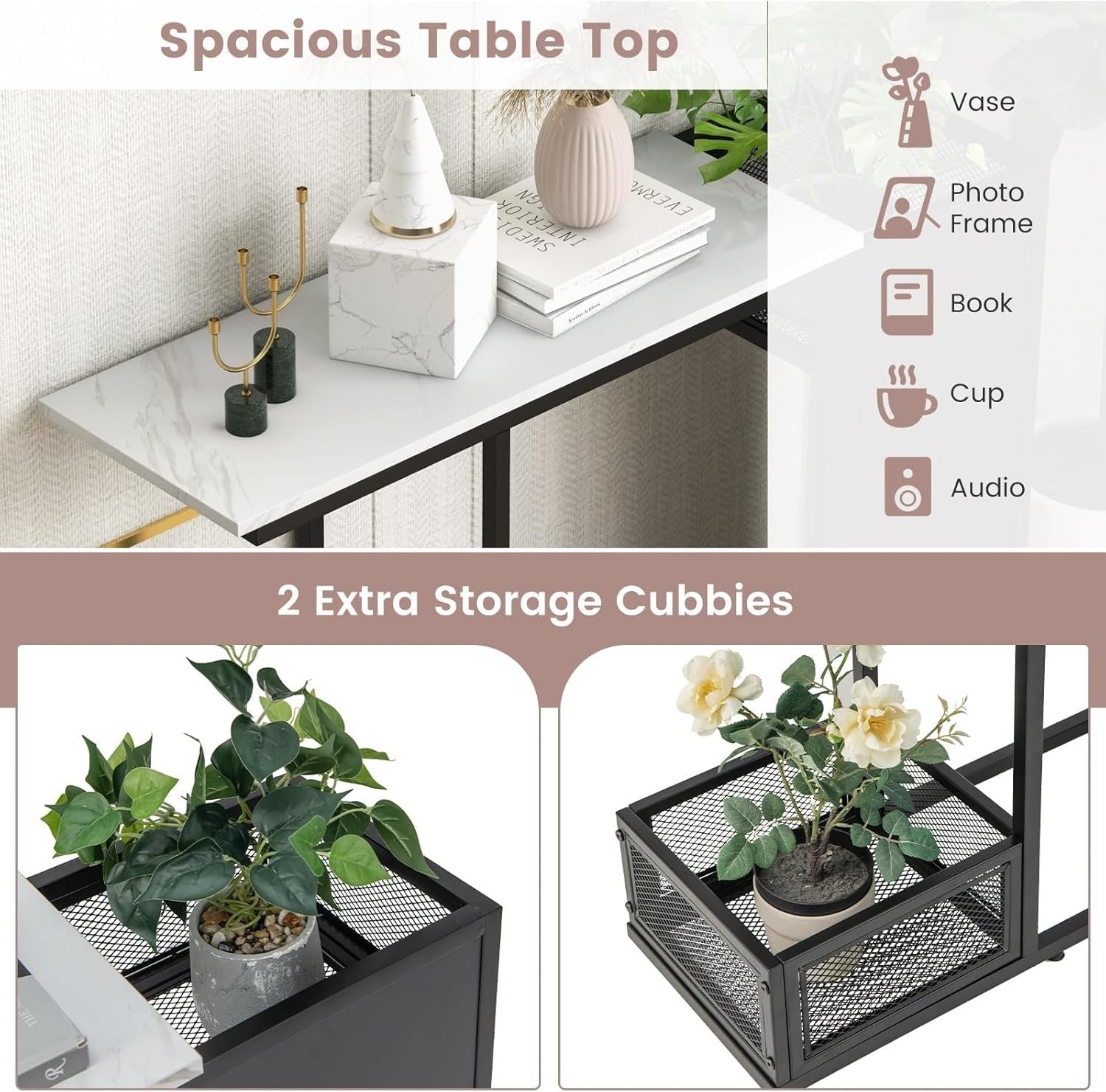 Modern Faux Marble Console Table with Storage Mesh Cubes, Slim Design