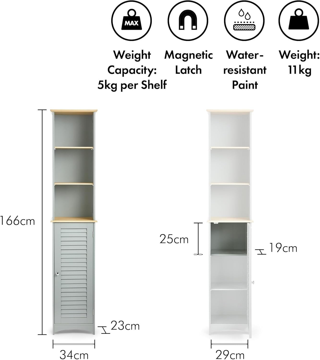 Tall Slim Bathroom Storage Unit Grey – 6 Shelf Cupboard with Door