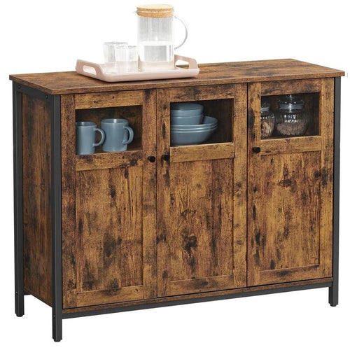 Rustic Sideboard Storage Cabinet with Glass Doors Industrial Buffet Unit
