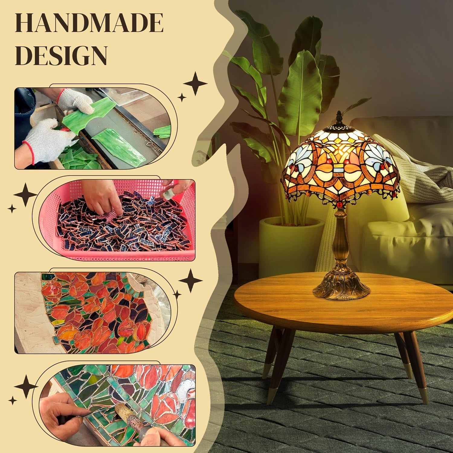 Stained Glass Bedside Table Lamp Vintage Flower Light for Living Room