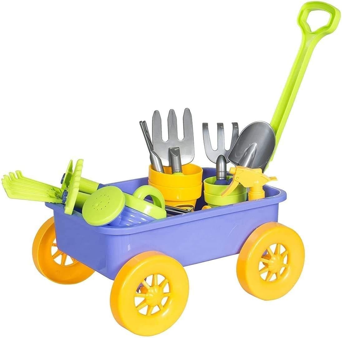 60L 4-Wheel Kids Garden Wagon & Multicolour Toy Wheelbarrow with Tools Set