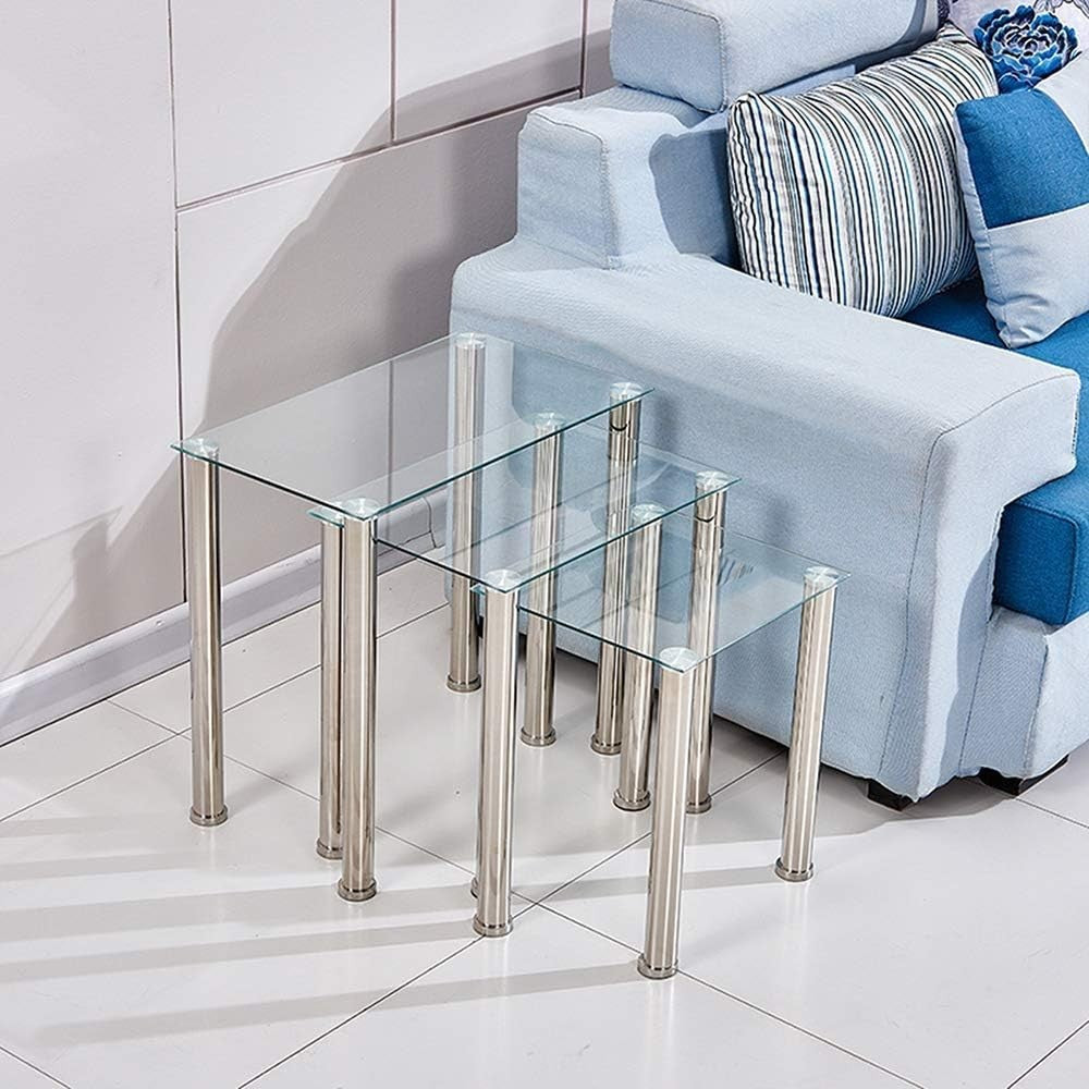 Nest of 3 Modern Glass Coffee Table Set Chrome Legs Side End Sofa Living Room