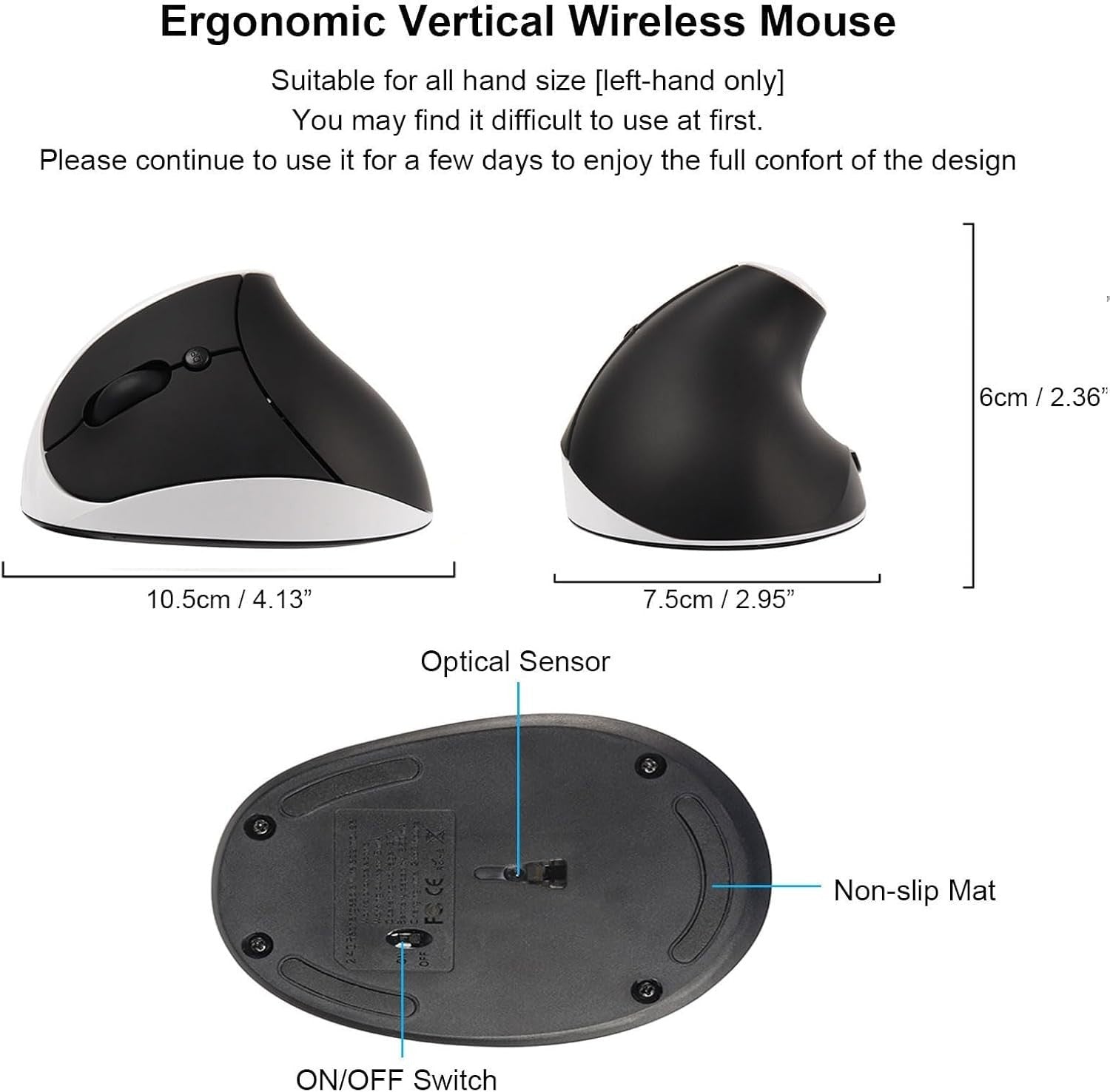 Left Hand Ergonomic Vertical Wireless Mouse Rechargeable 1600 DPI