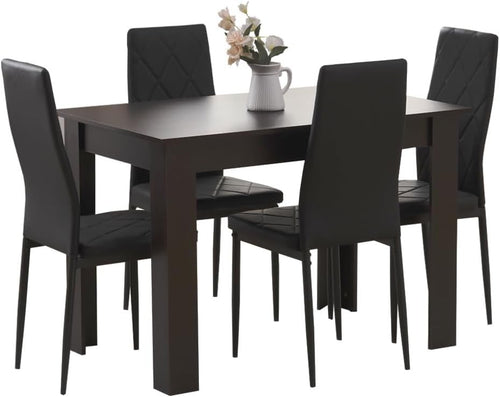 Modern 5 Piece Dining Table Set with 4 Black Leather Chairs for Kitchen