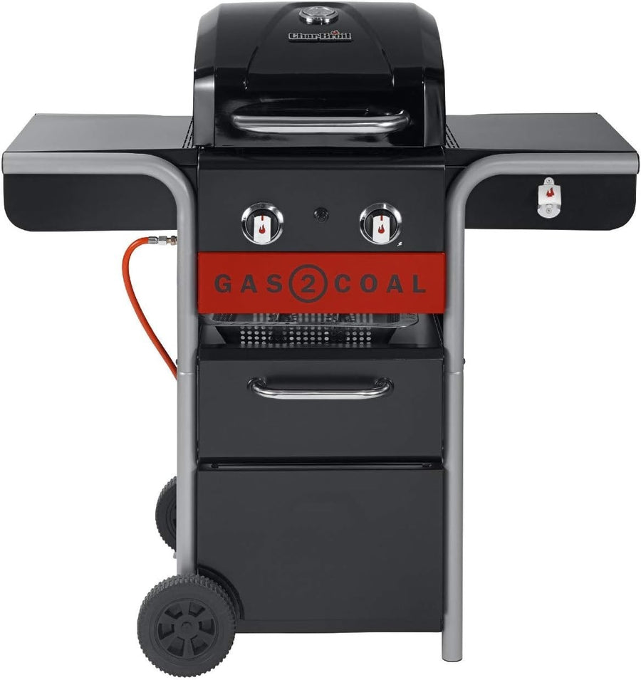 Hybrid Gas & Charcoal BBQ Grill 2 Burner Outdoor Barbecue with Side Shelves