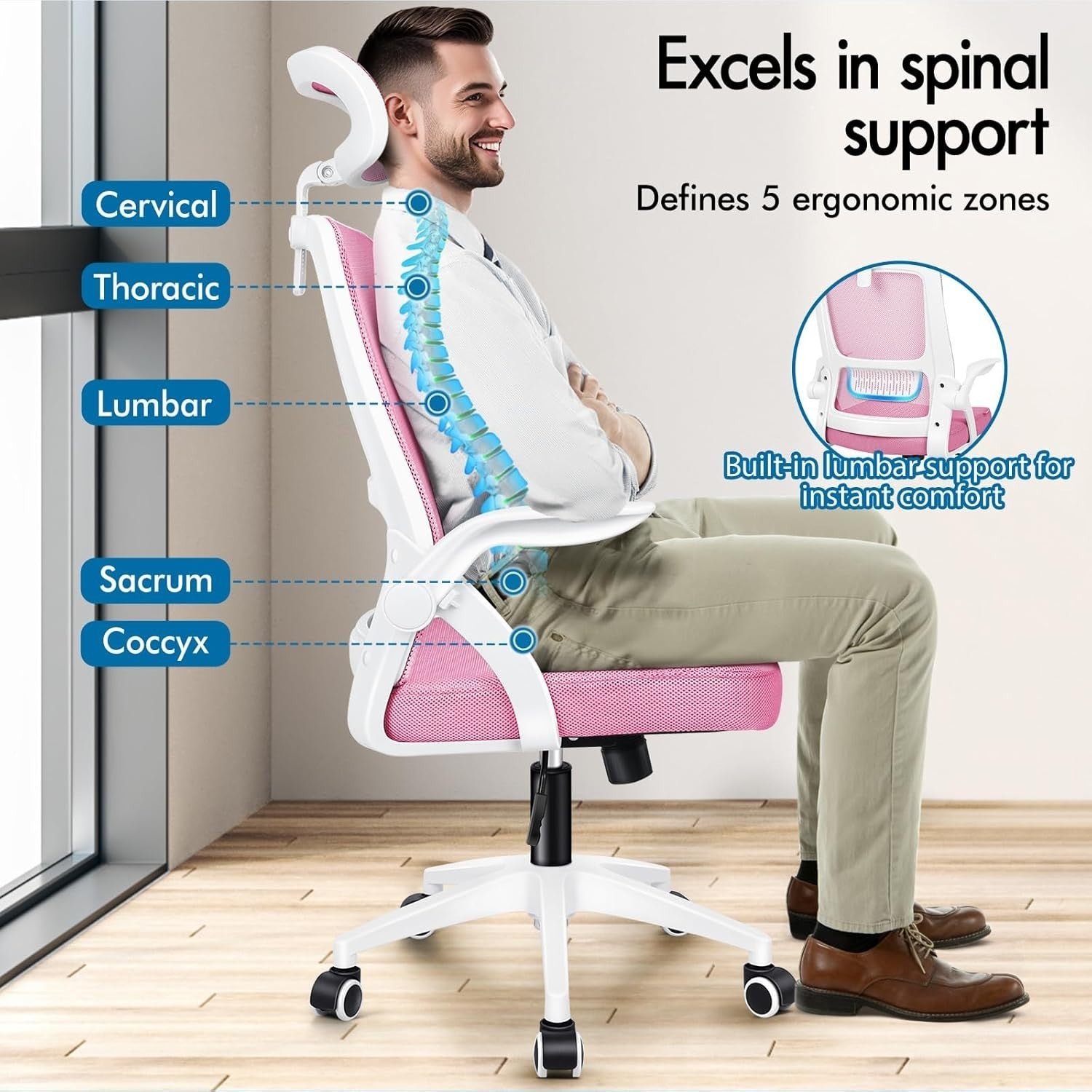 Ergonomic Mesh Office Chair Pink Adjustable Headrest Flip Arms Swivel 180kg