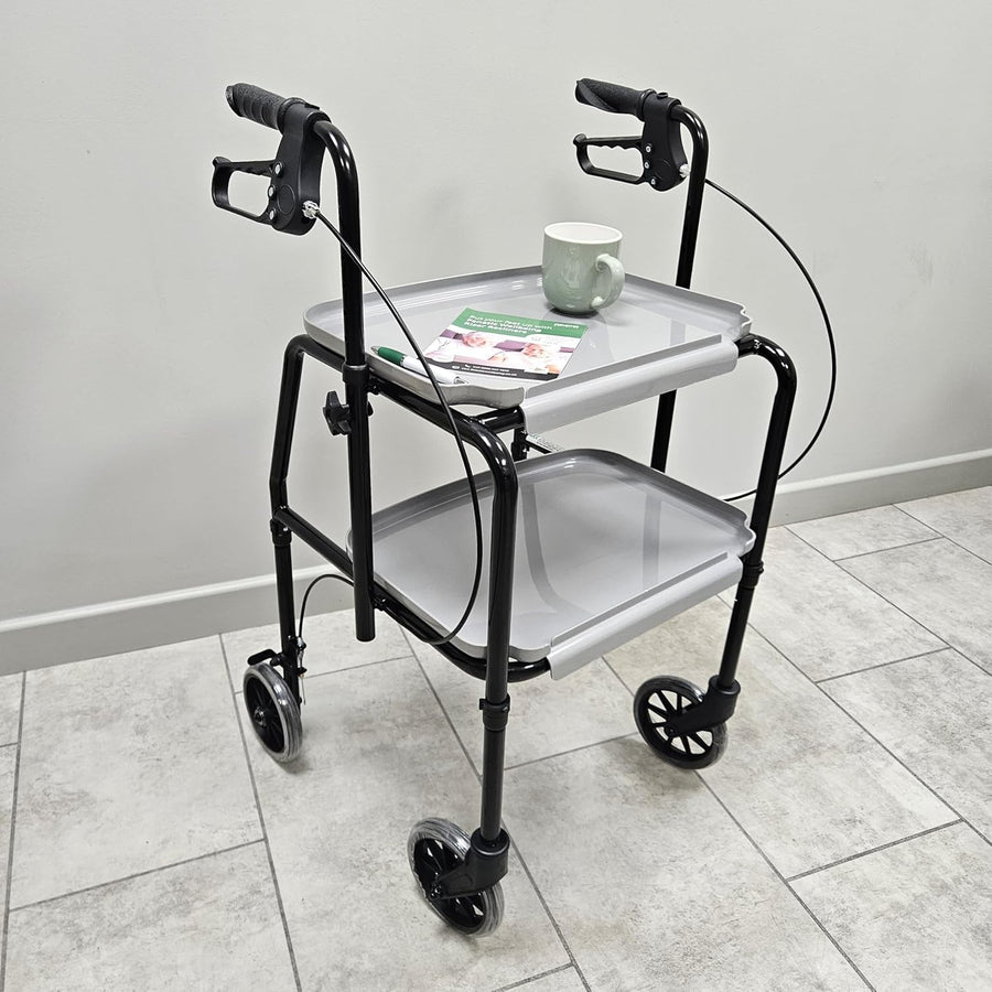 Indoor Mobility Rollator Walker with Brakes Storage Trays 4 Wheel Trolley
