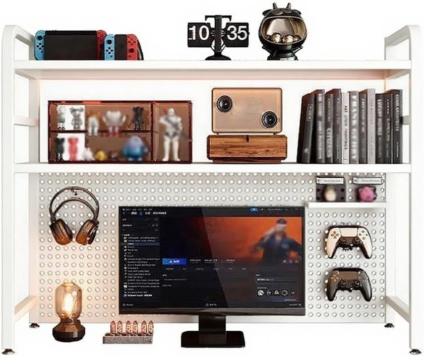 2-Tier Desk Bookshelf Organizer w/ Pegboard | White Metal Desktop Shelf 75cm