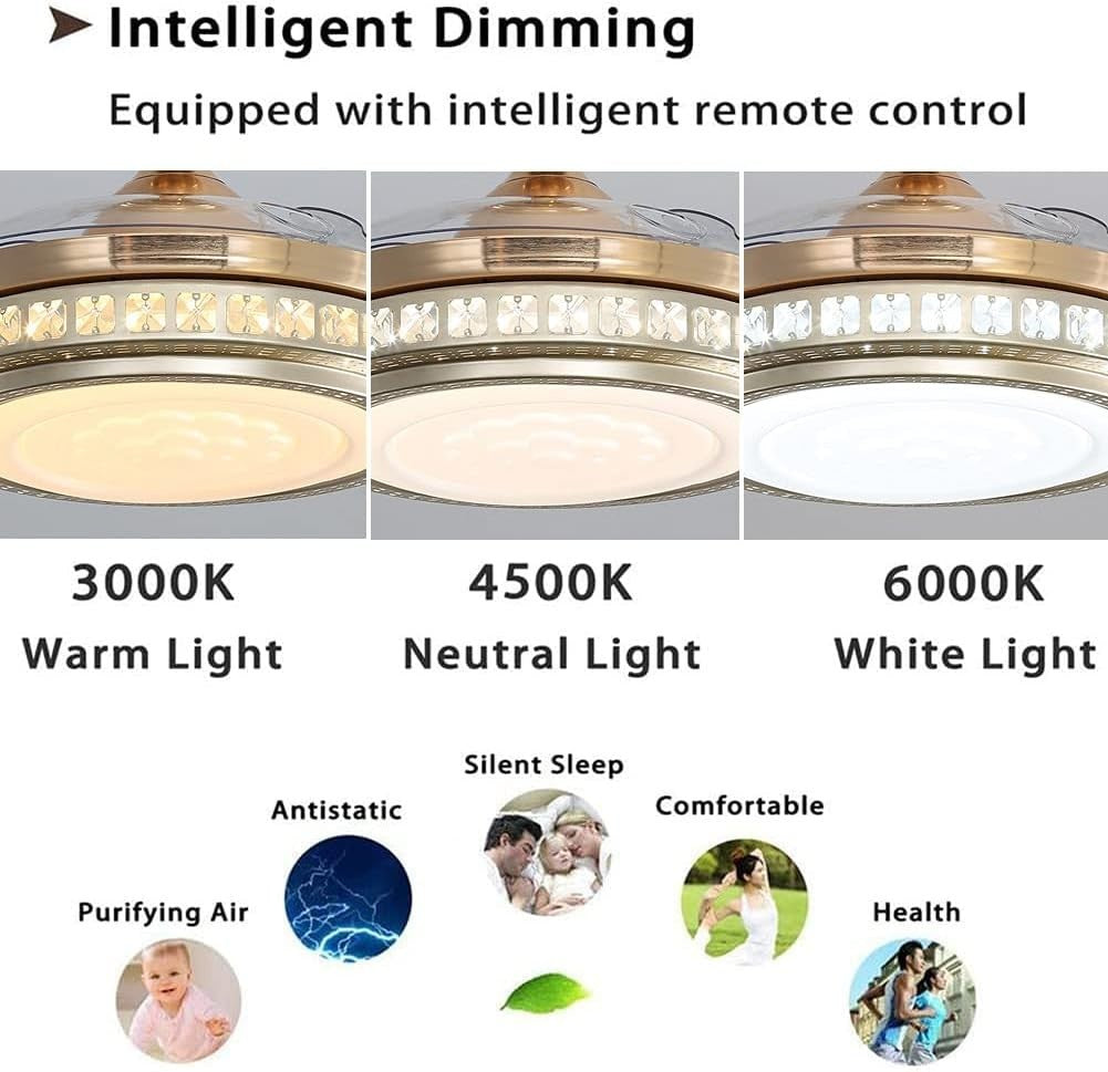 Warmiehomy 42" Ceiling Fan with Lights Retractable Blades 36W LED Gold