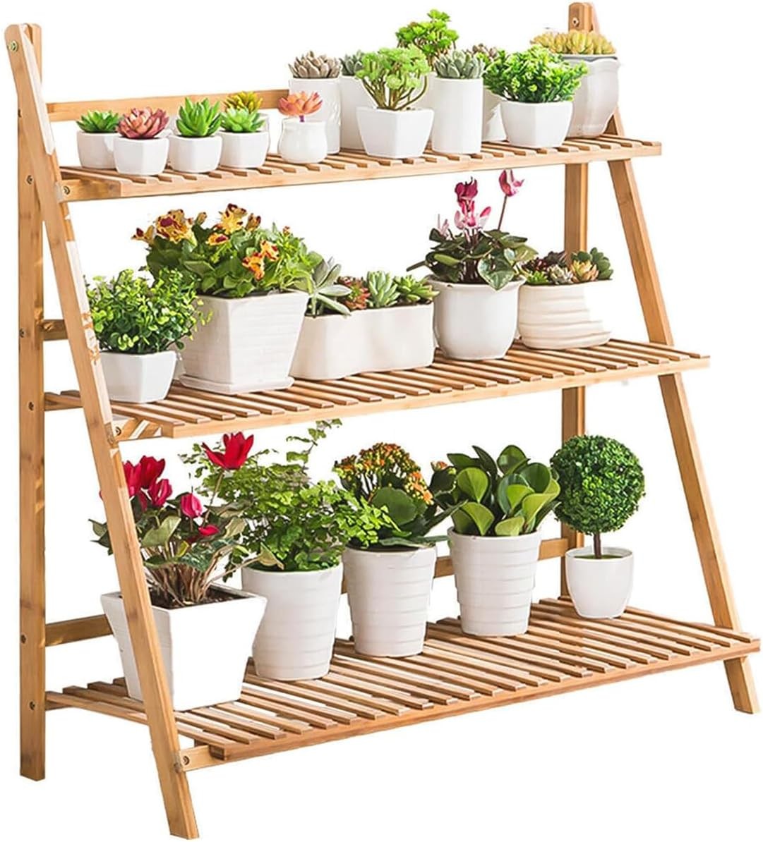 3 Tier Bamboo Ladder Plant Stand | Foldable Indoor Outdoor Flower Pot Shelf