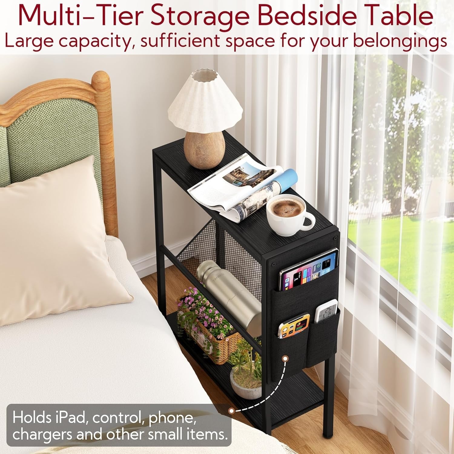 Slim 3-Tier Side Table with Storage Bag – Narrow Black Bedside Sofa Table
