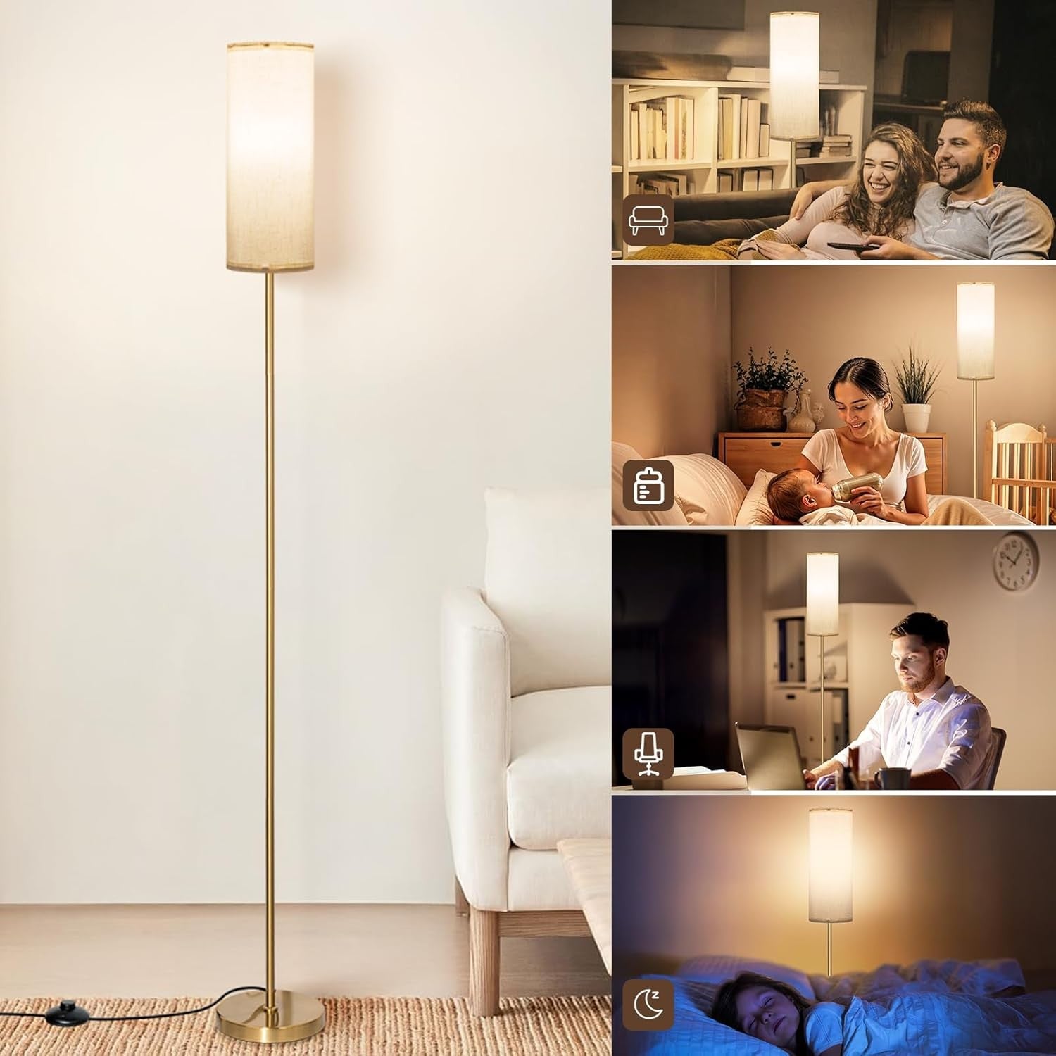 Modern Floor Lamp with Remote App Control Dimmable Reading Light Gold