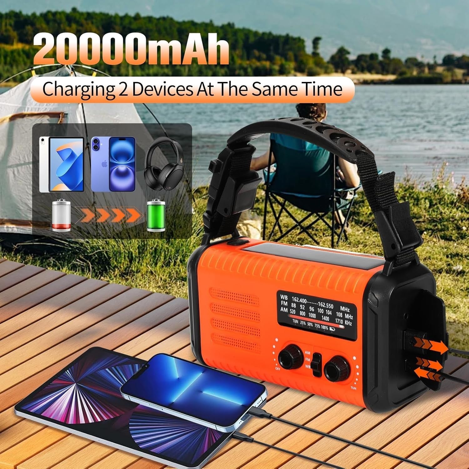 Wind Up Solar Emergency Radio 20000mAh AM/FM NOAA SOS Torch Orange