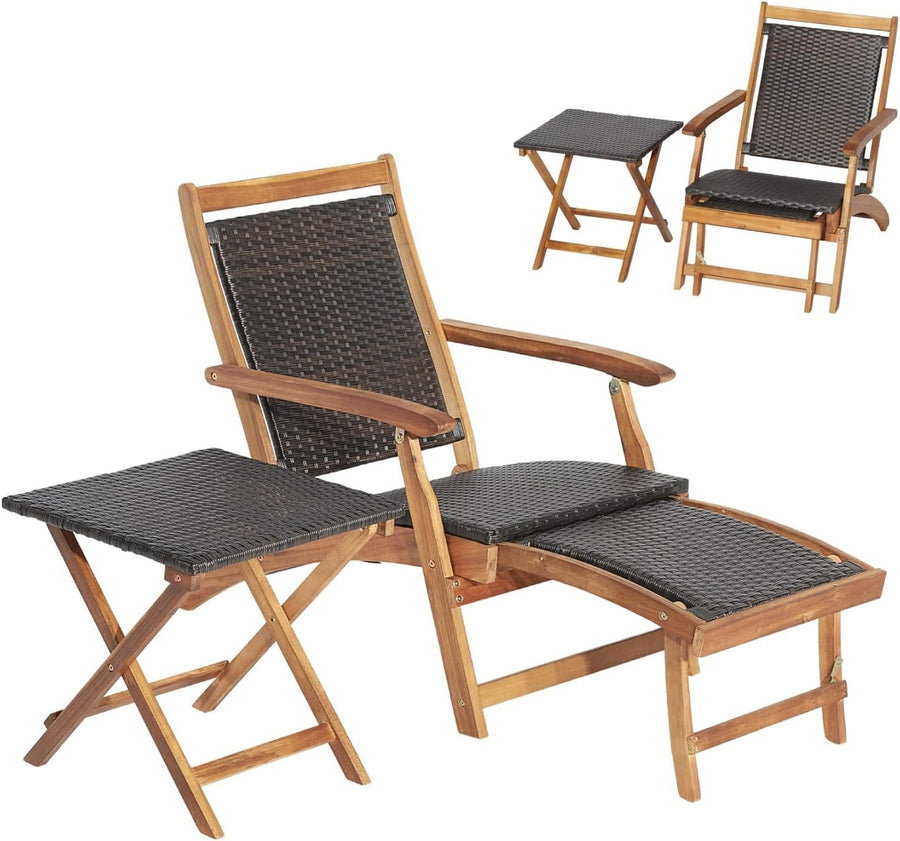 Rattan Sun Lounger Chair Folding Armchair with Footrest & Side Table