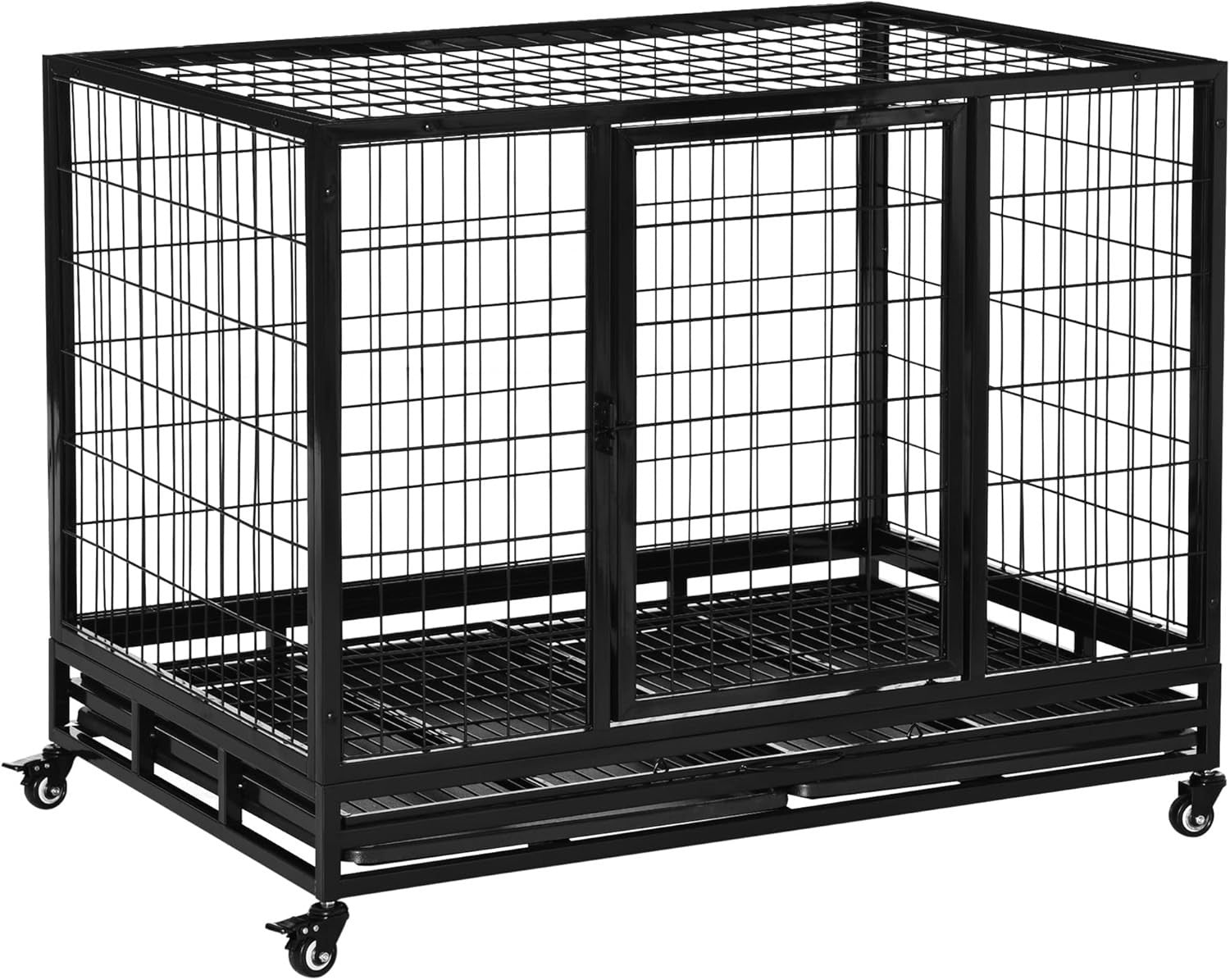 Heavy Duty Metal Dog Crate 43" Large Kennel Cage with Wheels & Tray Black