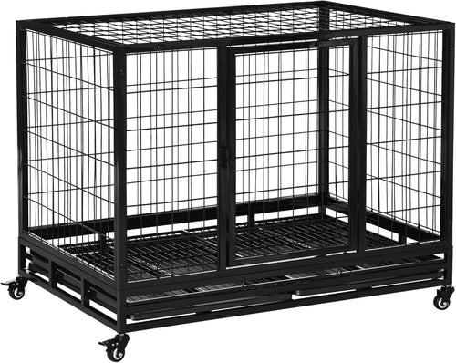 Heavy Duty Metal Dog Crate 43" Large Kennel Cage with Wheels & Tray Black