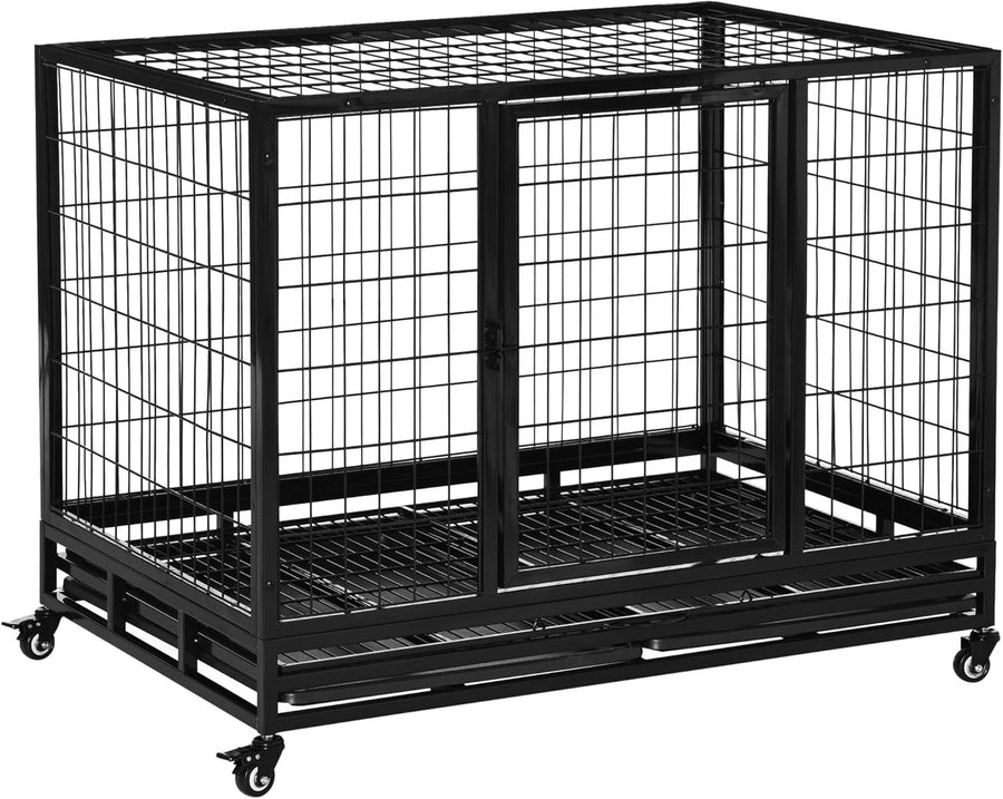 Heavy Duty Metal Dog Crate 43" Large Kennel Cage with Wheels & Tray Black