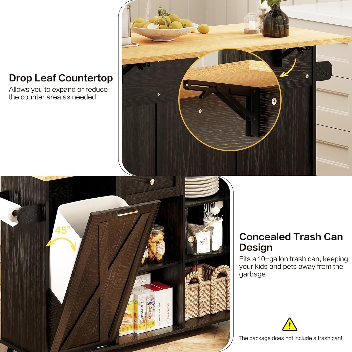 Rolling Kitchen Island Cart with Drop-Leaf, Trash Storage & Spice Rack