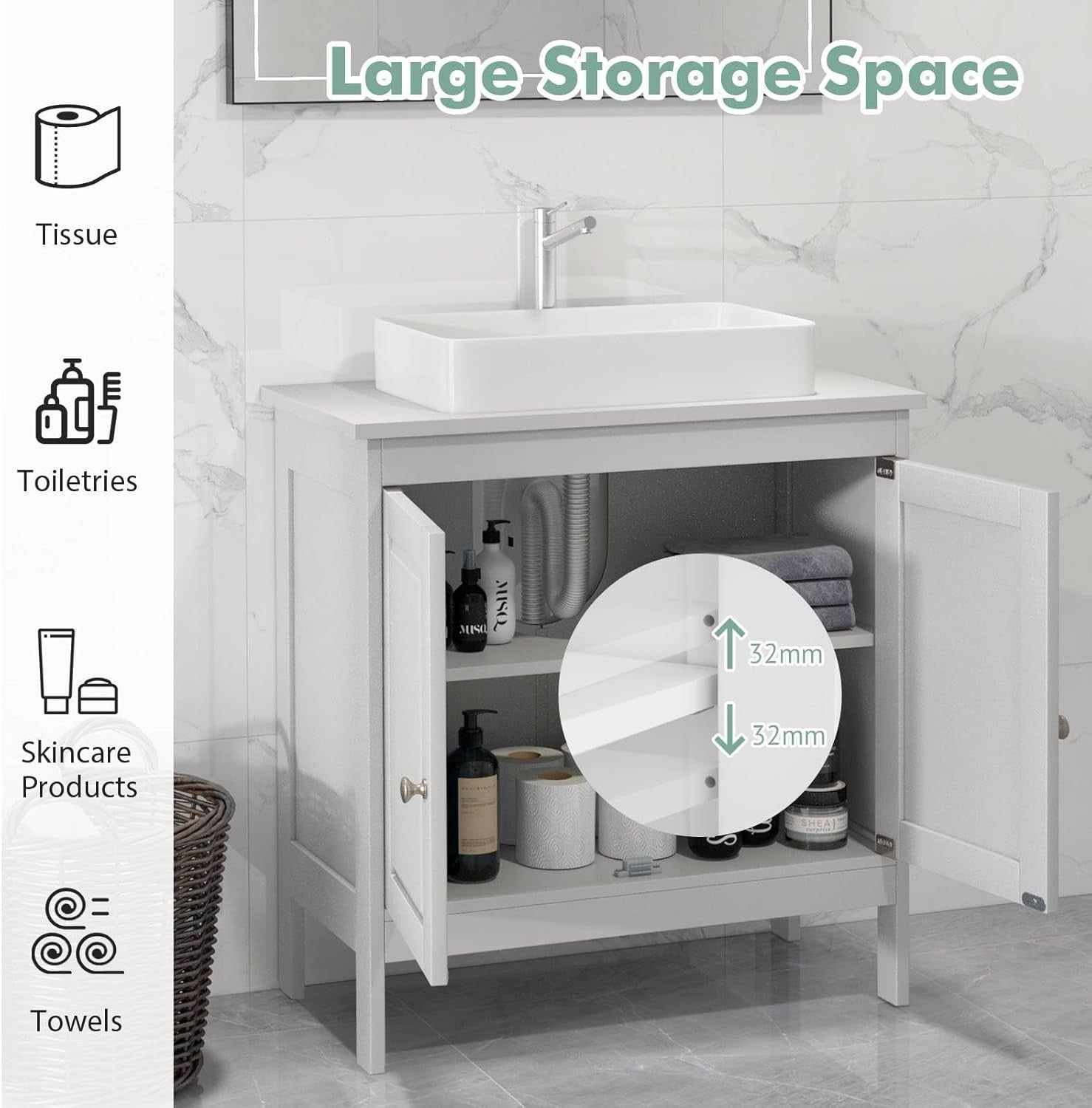 White Under Sink Bathroom Cabinet with Shelf & Long Legs – Freestanding Unit