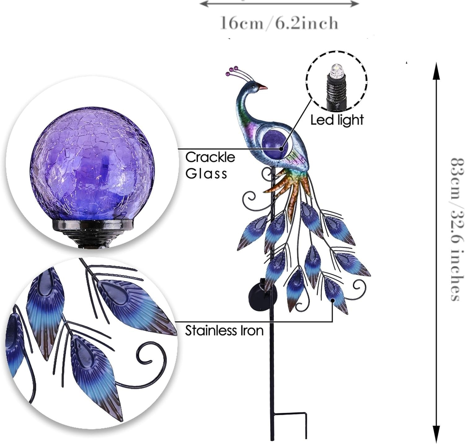 Solar Peacock Garden Ornament 61cm | Metal Crackle Glass Light Outdoor Yard