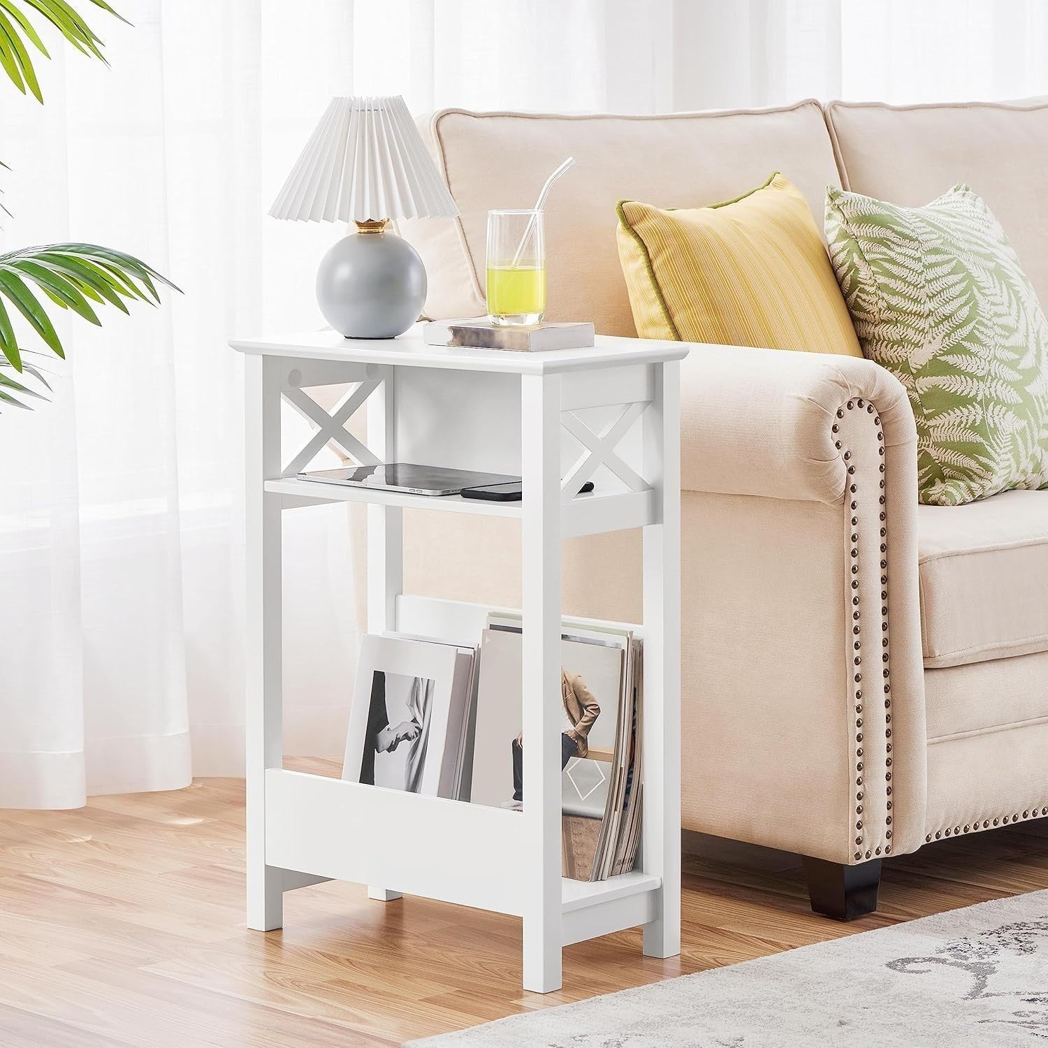Set of 2 Slim Bedside Tables, 3-Tier X Shaped Narrow End Table for Small Spaces,