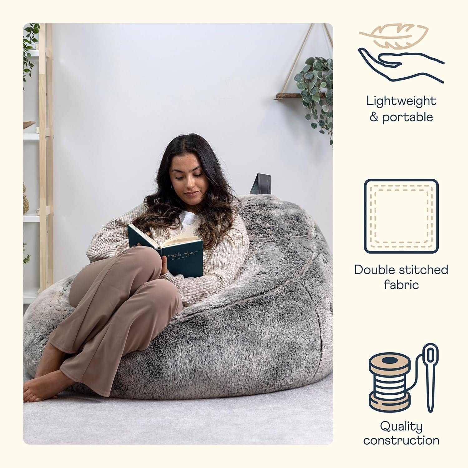 Large Faux Fur Bean Bag Chair Grey Adult Cozy Lounge Seat Living Room