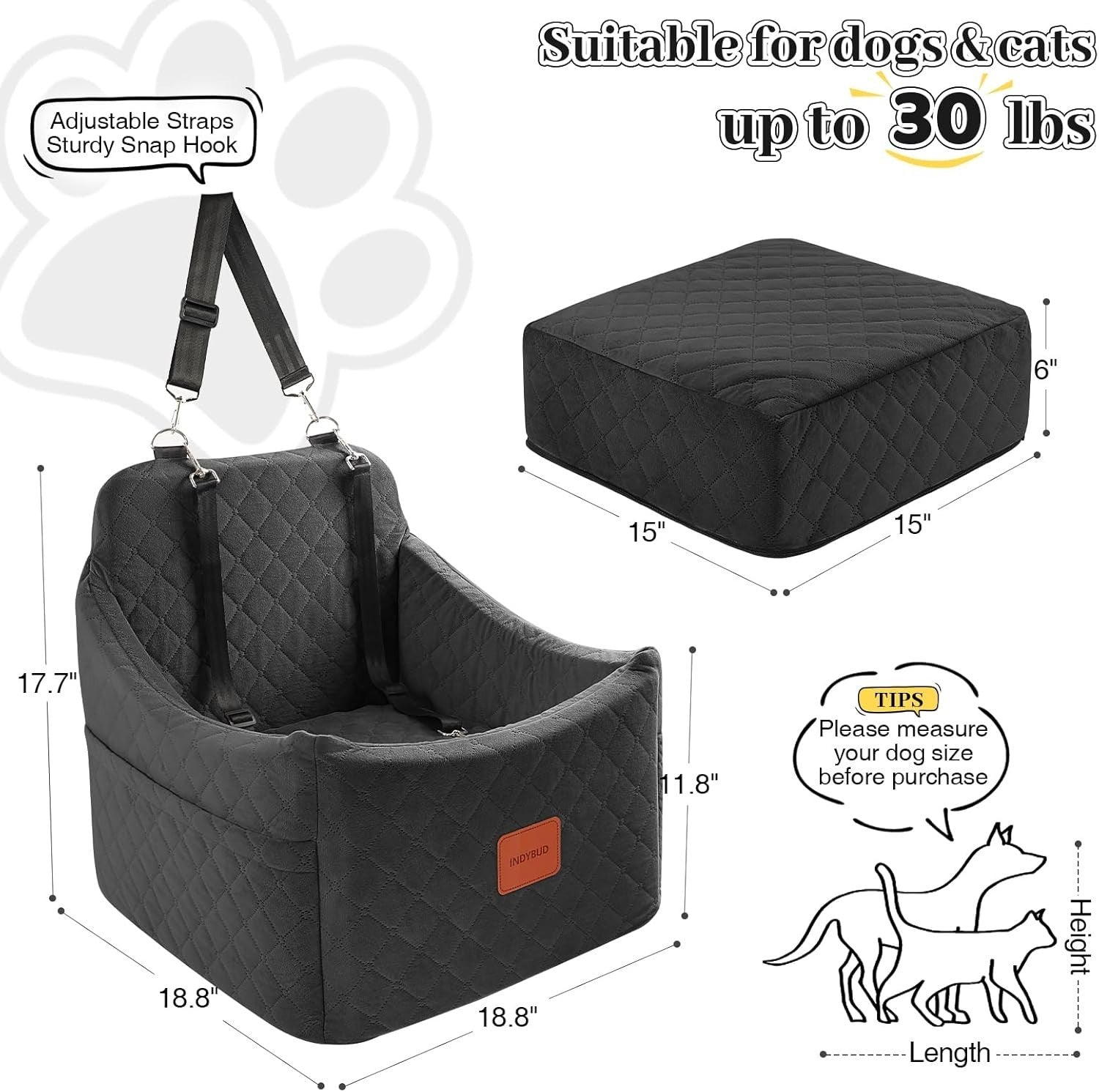 Memory Foam Dog Booster Car Seat Washable Pet Travel Bed 35lb Black