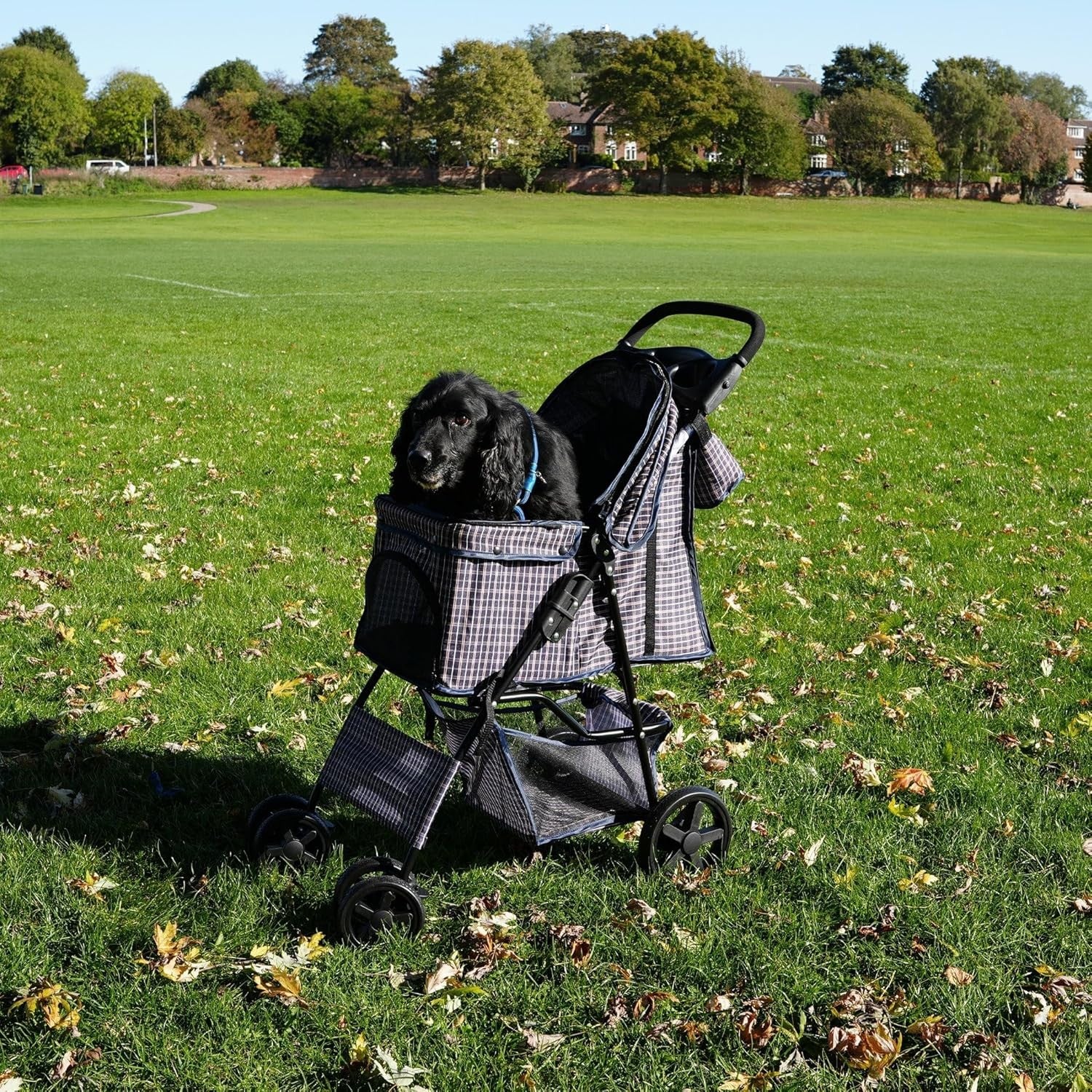 Grey Tartan Pet Stroller Pushchair with Caddy Bag Foldable 15kg Travel Pram