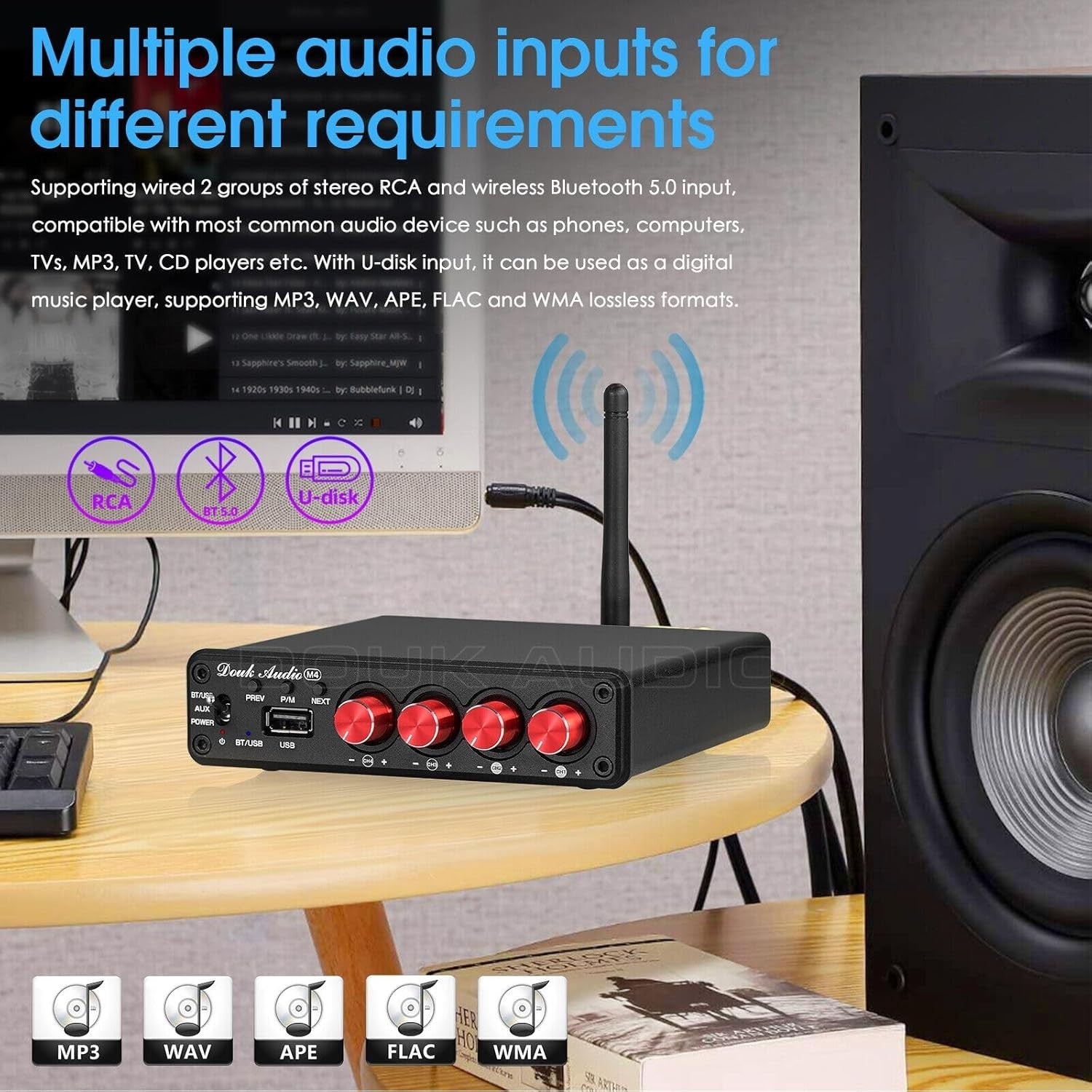 Bluetooth 5.0 HiFi Stereo Amplifier 4 Channel 50W x4 USB RCA