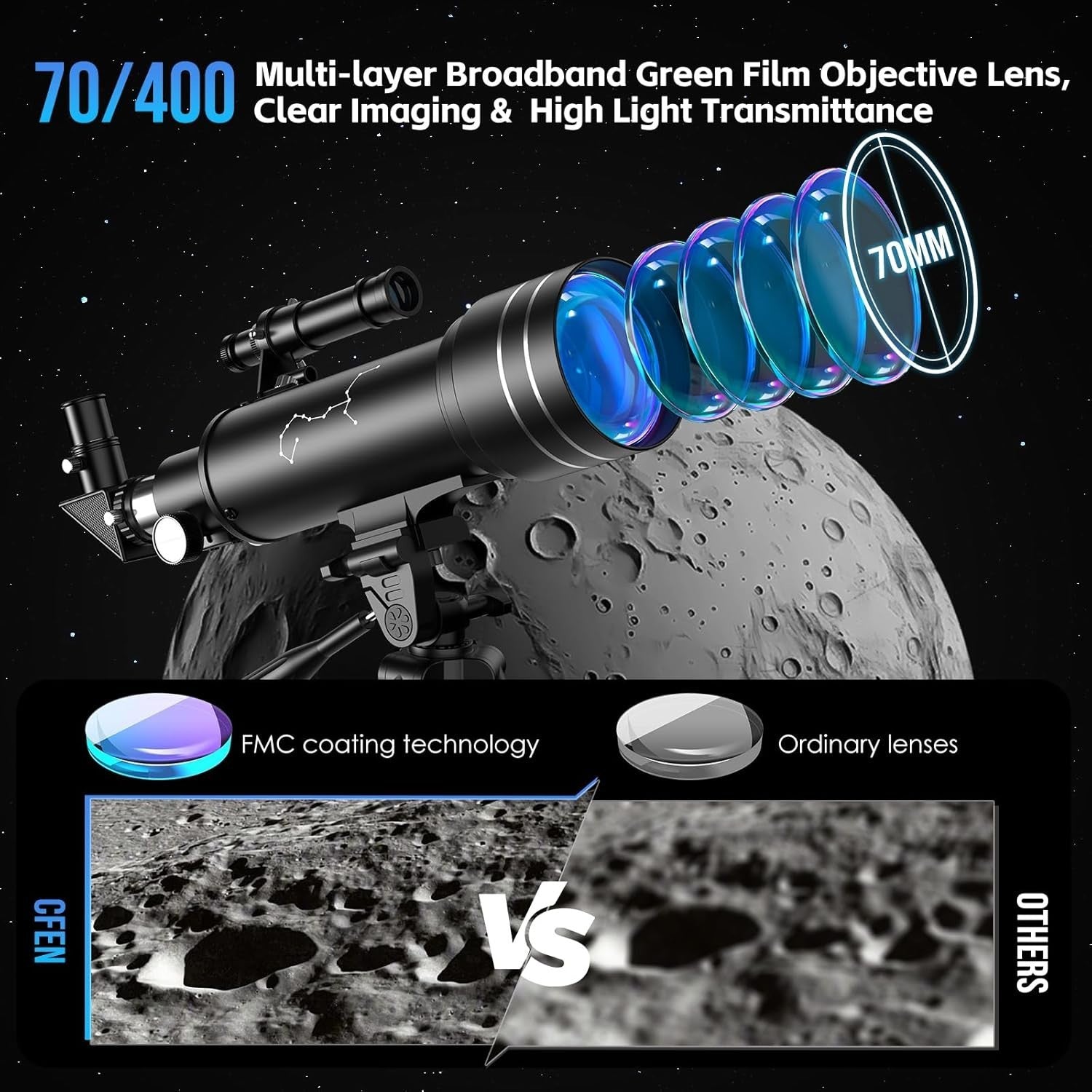 70mm Kids Astronomy Telescope, 400mm, with Phone Holder for Beginners