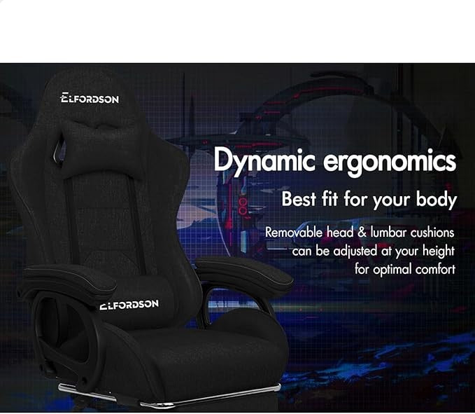 ELFORDSON Gaming Chair w/ Massage Lumbar Cushion Black